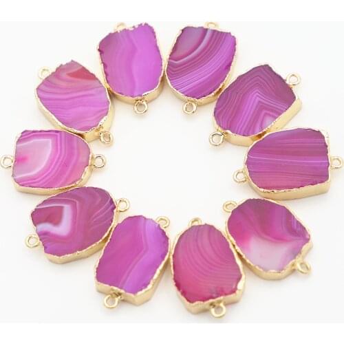 Natural Stone Rose Red Brazilian Agates Slice Reiki Pendants Connectors Irregular Raw Druzy Gold for DIY Jewelry Making 6PCS