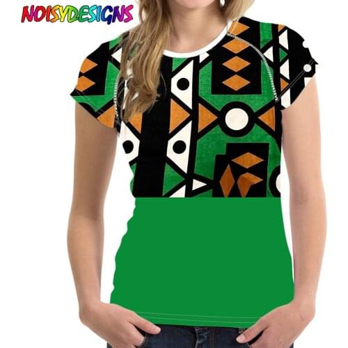 NOISYDESIGNS Custom Printing Women Tshirt Vintage Ankara African Print Green T-shirt Short Sleeve Clothes Woman T-shirts Fashion