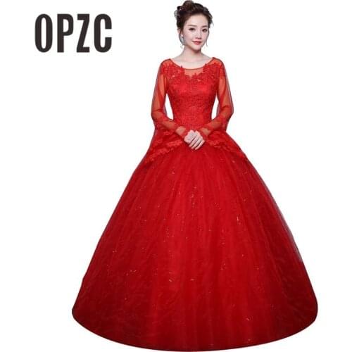 New Fashion Classic Romantic Red Ball Gown Wedding Dress 2020 New Illusion Lace Long Flare sleeve Custom Plus Size Bridal Dress
