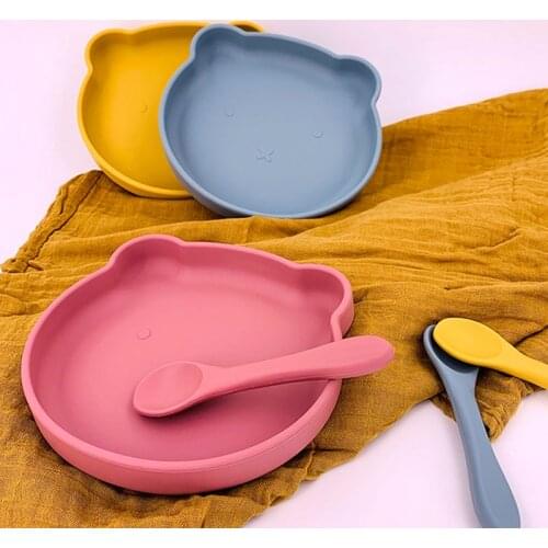 New Childrens Dishes Set Cute Cartoon Bear Baby Silicone Sucker Bowl Baby Face Plate Tableware Set Baby Tableware Kids Plate