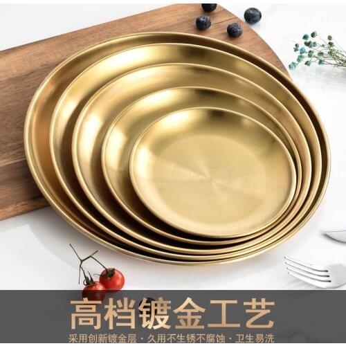 Stainless Steel Dinner Plates Golden Dining Plate Serving Dishes Round Plate Tray Western Steak Round Tray Kitchen Plates