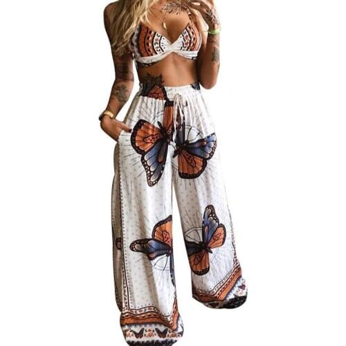 Sexy Women Outfit Sets Cotton V-neck Tube Top High Waist Wide Leg Cool Pants Ladies Casual Loose Suits vetement automne femme
