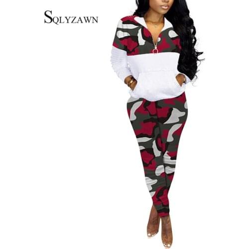 Casual Two Piece Camouflage Print Patchwork White Tracksuit Pants Set Female Front Pocket Sweatshirt Camo Matching Outfit 3XL
