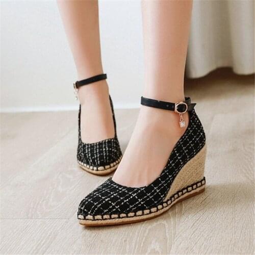 PXELENA 2020 Spring Hot Ladies Wedge High Heels Ankle Strap Pumps Plus SIze 34-43 Fashion Women Daily Office Shoes Black Beige