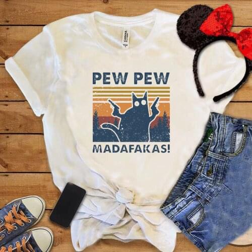 Pew Pew Graphic Shirt Funny Cartoon Cat Unisex Tee Gift To Friend Classical Vintage Female T-shirt Night Animal Women Tops