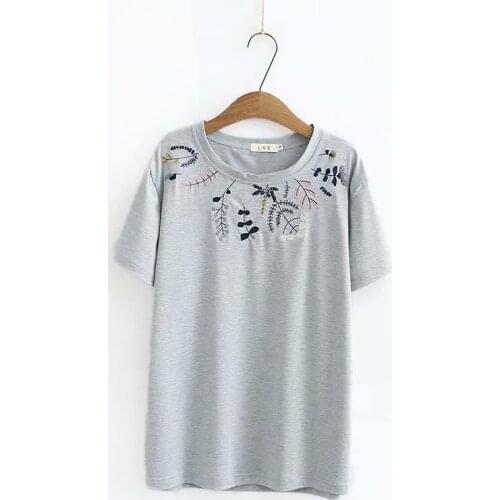Plus size embroidery O neck elastic women loose Tshirts 2020 new summer casual ladies short sleeve t shirts female tops t-shirts