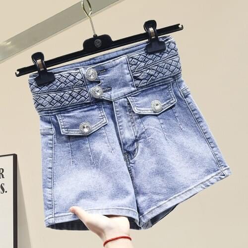 Retro Woven High Waist Jeans Shorts Womens Slim Fashion Outer Wear Wide Leg Short Denim Pants Ladies Clothes Blue