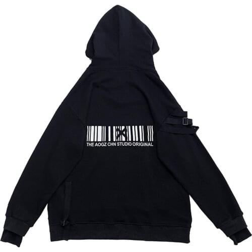 Techwear Code Print Hip Hop Ribbons Black Hooded Drawstring Hoodie Sweatshirt Men Ninja Clothes Casual Embroidery Streetwear Top