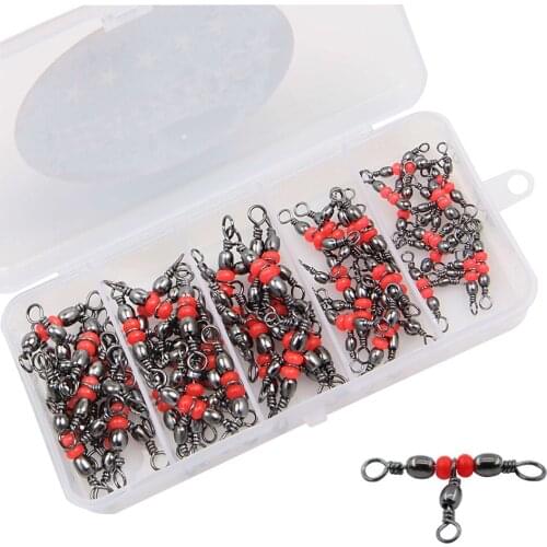 50Pcs/Box 3 Way Three Way Fishing Barrel Swivels Red Brass Rolling Triple Barrel Swivel Fishing Line Connector With Tackle Box