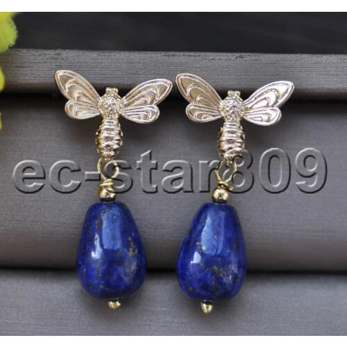 Z11132 14mm Blue DrIp lapis lazuli Dragonfly Dangle Earring