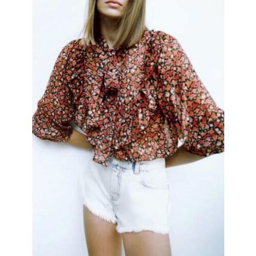 ZA shirt 2021 summer new womens clothing all-match neckline bowknot decorated elastic cuff flower print shirt