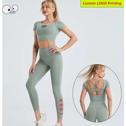 Custom LOGO Women Build In Bra Yoga Suit High Stretch 2 Piece Running Set Short Sleeve GYM Shirts & Leggings Training Tracksuit