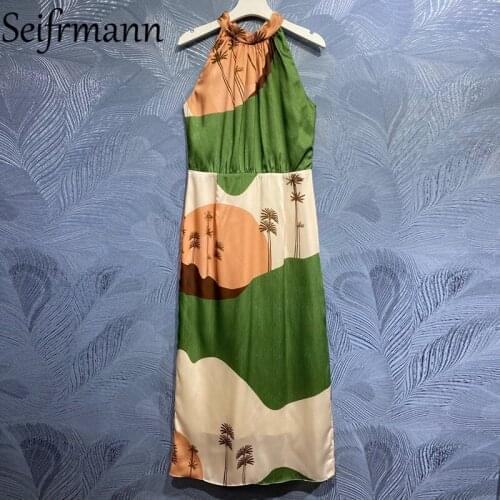 Seifrmann New 2021 Summer Women Fashion Runway Party Long Dress Sexy Halter High Waist Vintage Print Patchwork Dresses Vestidos