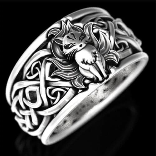 Japan Style Tradition Fox Spirit Design Culture Ring Old Silver Color Band Thick Plus Size Finger Accessories For Woman Cosplay