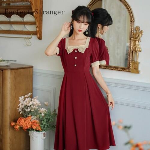 2021 Summer New Arrival Vintage Bow Square Collar Short Sleeve Women Long Dress Women Clothing