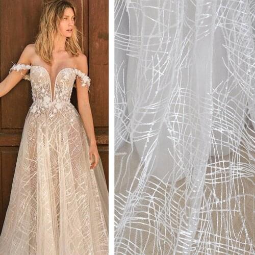 1 Yard White Sequins Lace Fabric With Irregular Line For Evening Gowns, Girl Dress, Haute Couture, Christmas Decor 51" Width