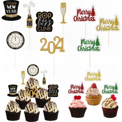 12pcs Merry Christmas Cake Topper New Year 2021 Gold Black Paper Cupcake Topper for Party Dessert Baking Decoration Kids Favor 8