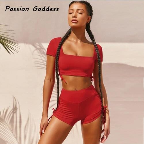 2 Piece Drawstring Crop Shirts Booty Shorts Skinny Tracksuit Fitness Women Backless Shirts Bandage Shorts Jogger Two Piece Set