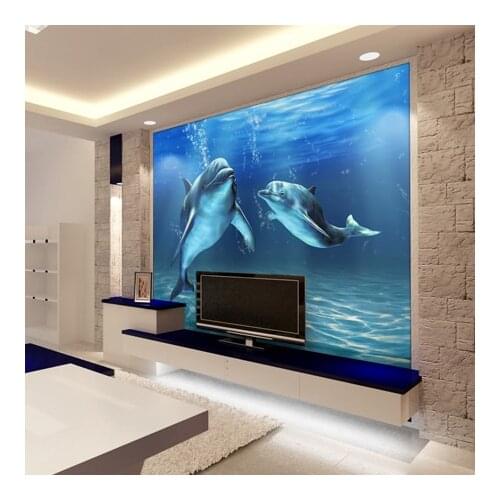 3D dolphin ocean wallpaper mural cartoon living room sofa bedside dining room childrens room TV background wall bedroom