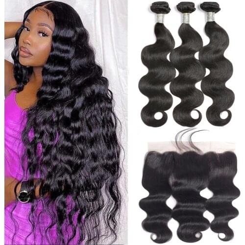 Fashow Brazilian Body Wave Lace Frontal Closure With Bundles Human Hair Bundles With Frontal Non Remy Hair 3 Bundles & Frontal
