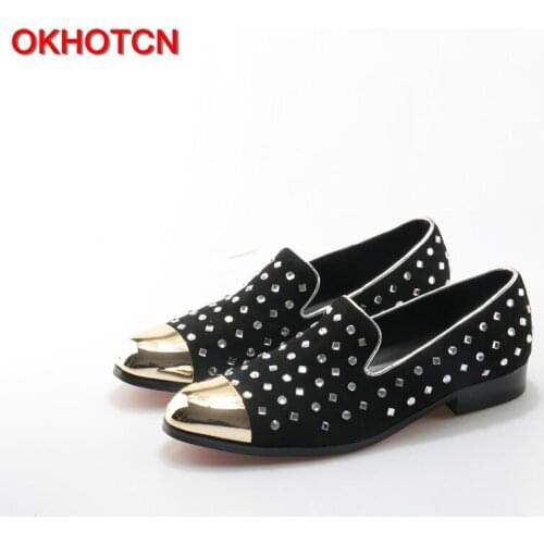 OKHOTCN Handmade Black Suede Men Shoes Rhinestone Studded Gold Metal Toe Party and Banquet Men Dress Loafers Fashion Mens Flats