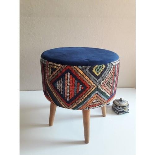 SERESSTORE Fırsat Product Decorative Retro Wooden Leg Rustic Ethnic Colored Patterned Cylinder Pouf Bench Furniture