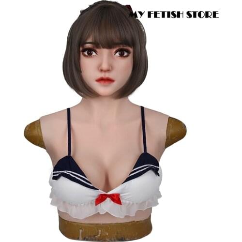 Emily-4G)Crossdress Full Head Realistic Silicone Girl Female Disguise Party Cosplay Transgender Mask With E Cup Breast Torso