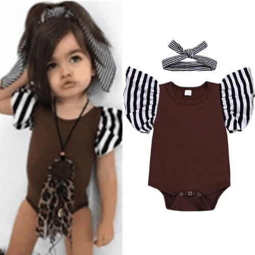 Baby Girls Cotton Romper Infant Toddler Stripe Print Ruffles Sleeve Jumpsuit Bodysuit + Striped Headband Cute Baby Girls Wear