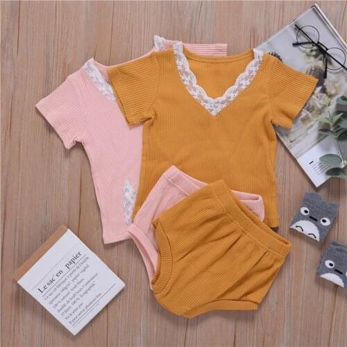 Lace Summer Girl Set Baby Short Sleeve Shorts Cute Simple COTTON Thin Cotton Plaid Pants Set Toddler Girl Clothes 0-3Y