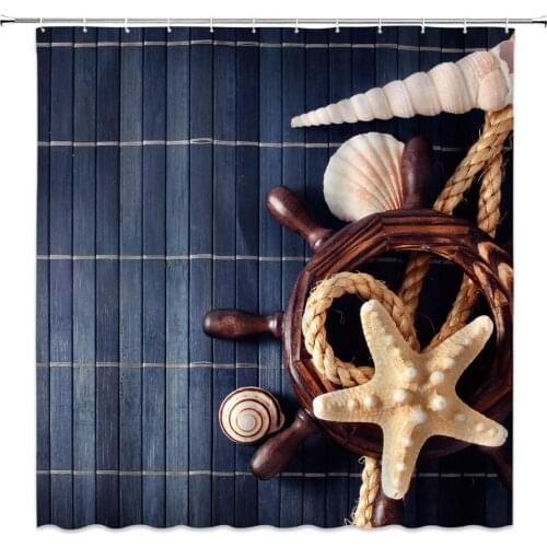 Nautical Shower Curtain Decor Rudder Starfish Shell Conch Sea Life Marine Enthusiast Sailor Sailing Navy Brown Fabric Curtains