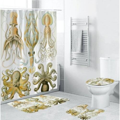 4pcs Octopus Shower Curtains Set Bathroom Waterproof Polyester Cloth + Non-slip Mat Toilet Bathroom Home Decor