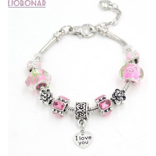 New Arrival DIY European Style Flower Pink Lampwork Murano Glass Bead Heart Charm Bracelet for Women Gift Jewelry Bijoux Pulsera