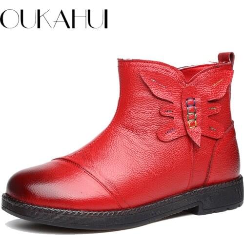 OUKAHUI Autumn Winter Vintage Genuine Leather Ladies Flat Ankle Boots For Women Low Heel Fashion Bowknot Warm Plush Women Boots