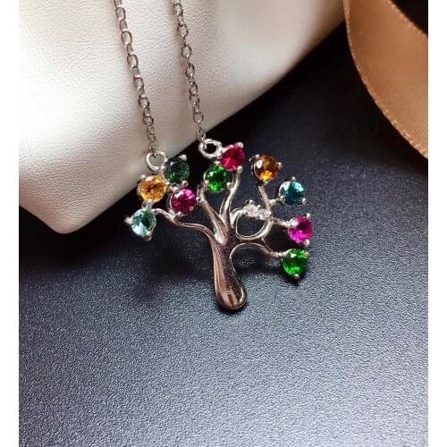 Elegant christmas tree Natural Multicolor tourmaline Necklace natural gemstone Pendant Necklace S925 silver girl gift Jewelry