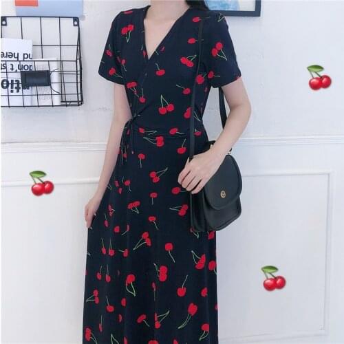 Summer Print Cherry Dress Women V Neck Short Sleeves Chiffon Bohemian Dresses Beach Knee Length Female Wrap Dress French