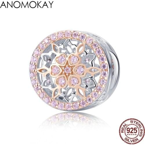 Anomokay Genuine 925 Sterling Silver Clear Pink CZ Blooming Buds Charms fit Bracelets S925 Silver Flower Bead for DIY Jewelry