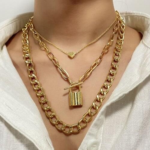 EN Punk Big Link Chain Necklace Choker for Women New Steampunk Multi Layered Heart Star Lock Pendant Necklace Statement Jewelry
