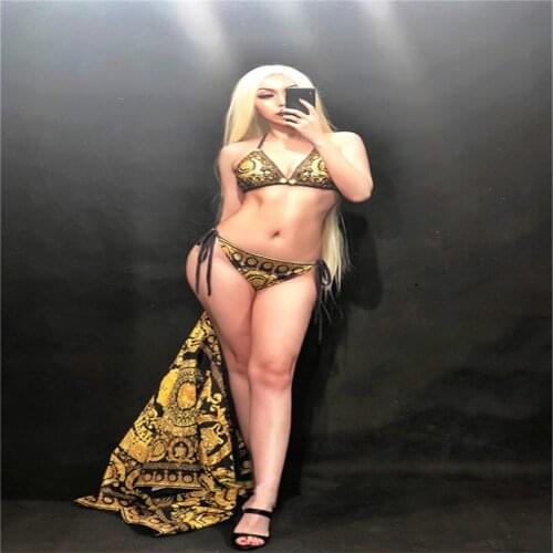 S98 Catwalk stage show wears bikini dress cloak gold black performance bra singer outfit dj clothes party bodysuit women sexy