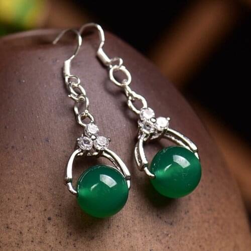 Natural Blue Chalcedony Hand Carved Round Bead Earrings Fashion Jewelry Womens Blue Agate 925 Silver Inlaid Earrings