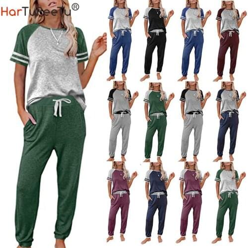 Womens Casual 2 Piece Sport Outfits Short Sleeve T-Shirt Bodycon Long Pants Joggers Tracksuit Set Loungewear Contrast Stripes