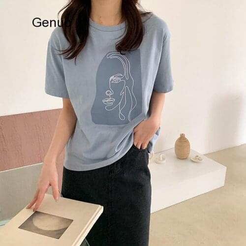 Abstract Character Printing T-shirts Women Tops Solid Color Summer White Cotton Tops Tees Harajuku Womens Clothing