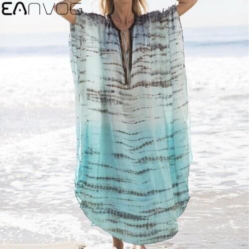 Women Beach Holiday Print Long Dress Beach Cover-Up Transparent Batwing Sleeve Oversized Light Chiffon Ladies Swimwear Dress