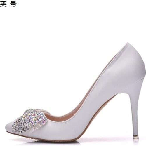 2019 Woman Shoes Pumps Butterfly Knot Slip on Princess Pumps Pointed Toe Crystal High Heels 9.5CM Female Wedding Shoes White