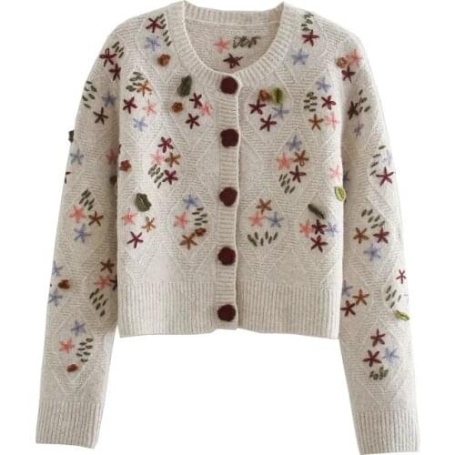 Ladies Embroidered Knitted Sweater Autumn Retro Long-Sleeved Cardigan Ladies Casual Loose Sweater Female