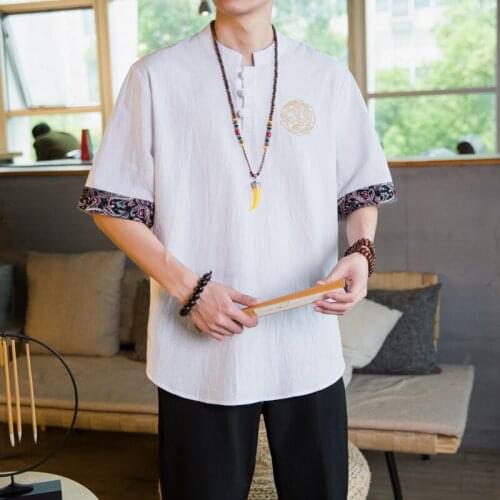 #1001 Summer Vintage Chinese Elements Printed Casual T-Shirt Round Neck Half Sleeve T Shirt For Men Retro Black White Blue