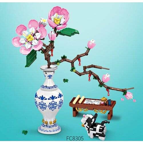 609pcs Flower Building Blocks Peach Blossom Plant Blue and White Porcelain Bonsai DIY Model Home Decoration Childrens Toy Gift