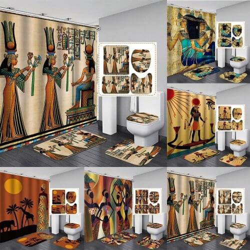 Ancient Egyptian Women Shower Curtain Polyester Fabric 4 Piece Bathroom DIY Decor Retro Design Carpet Cover Toilet Mat