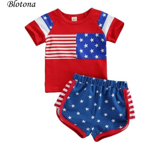 Blotona Infant Baby Independence Day Clothing, Short Sleeve + Shorts, American Flag Print Elastic Waist Short Pants 0-24Months