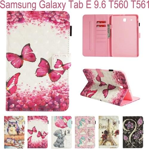 Stand Wallet Card Slot Case For Samsung Galaxy Tab E 9.6 inch T560 T561 Cover Funda Tablet Fashion Owl Butterfly Pattern Shell