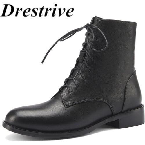 Drestrive Black Women Ankle Boots Cross Tied Round Toe 2021 Winter Shoes Low Heels Zipper Size 40 Classics Street